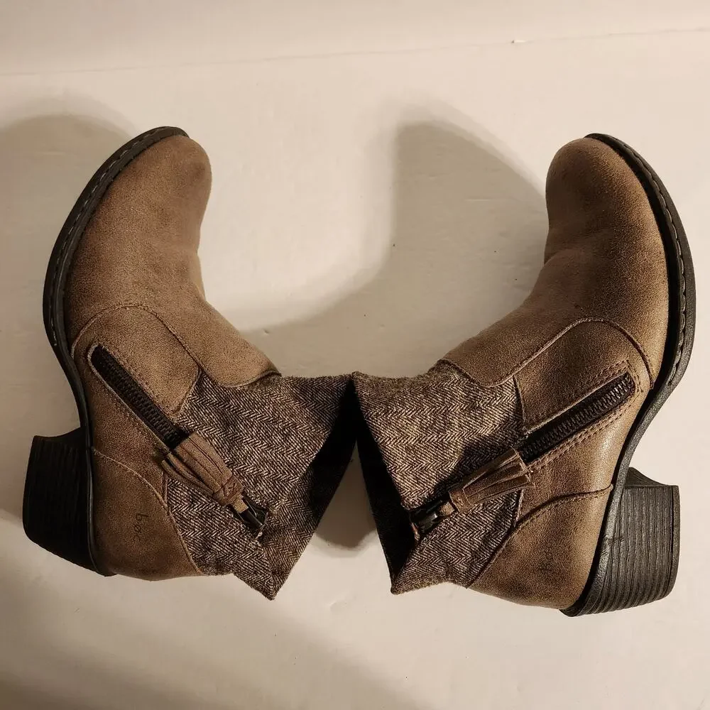boc Bendell Ankle Boot Bootie Womens 7.5M Brown Faux Suede Fabric Tassel Boho